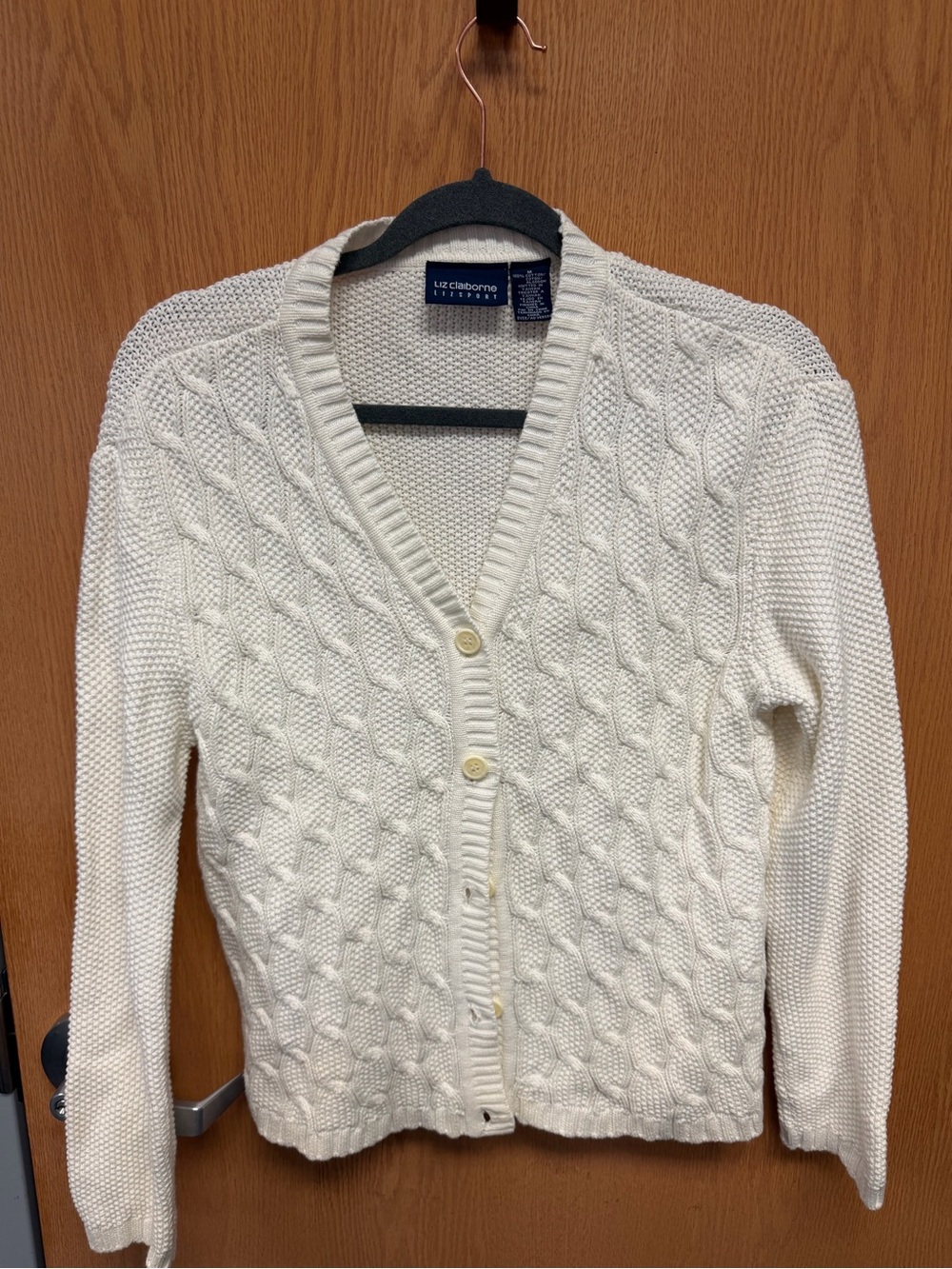 Liz Claiborne 100% Cotton Cable Knit V-Neck Cardigan Sweater